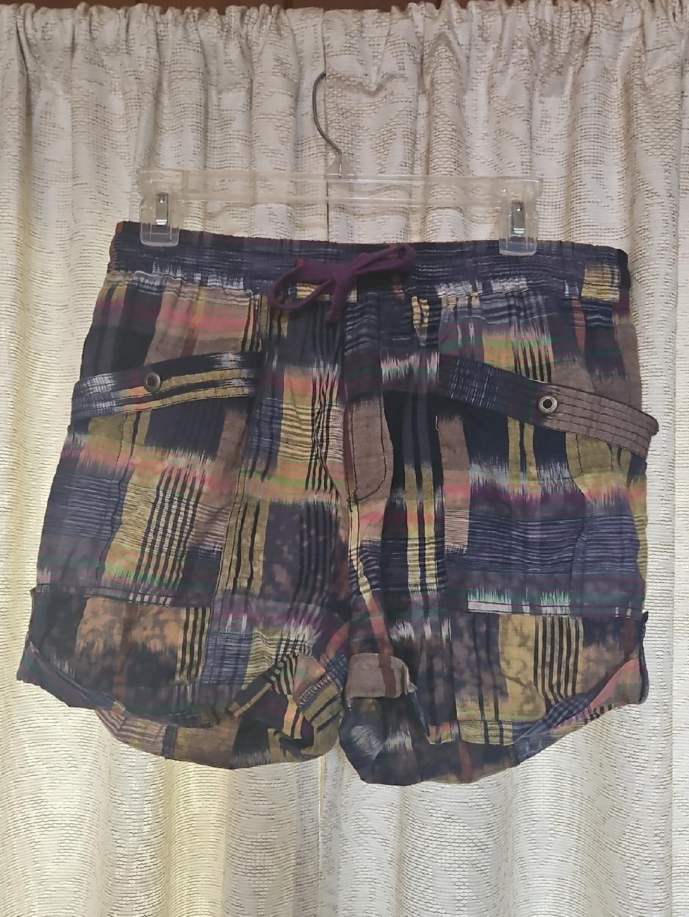Pilcro Multicolor Plaid-Style Cargo Shorts with Purple Drawstring